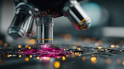 Stunning close-up view of a high-tech microscope revealing intricate details of a circuit board, great for innovation and technology concepts
