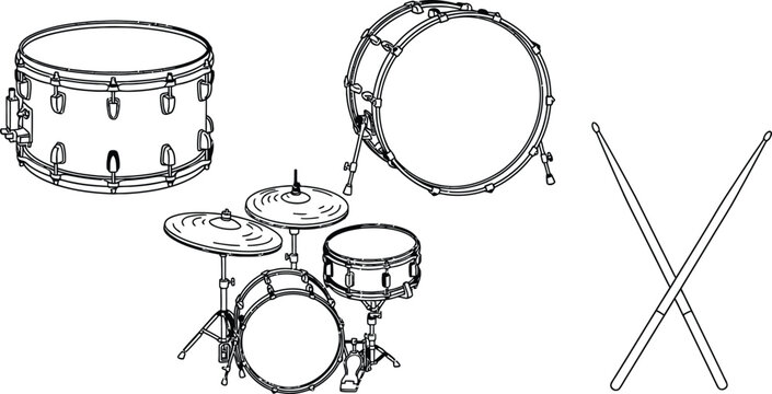 Outline illustration set of 4 drum kit parts snare drum bass drum hi hat cymbal and drumsticks