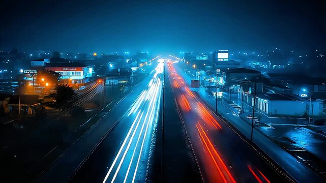 Time lapse of busy highway traffic at night, with streaks of car lights forming dynamic patterns