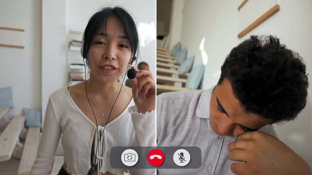A man and a woman talk on a split screen during an online call. The man shows signs of boredom while the woman appears engaged. They are in simple settings.