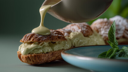 Pistachio Mousse Dessert with Green Sauce in Ceramic Bowl


