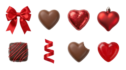 Valentine's Day heart set including chocolates, red bow, wrapped candy, and ribbon streamers isolated. Romantic holiday gift and sweet treat collection.