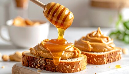 Honey dripping onto peanut butter-covered toast slices. A wooden spoon adds flavor