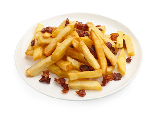 Delicious French fries with bacon isolated on white