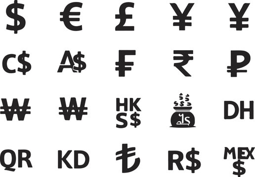 Asian Currency Symbols Vector Icons &ndash; Minimal Black Silhouette Set