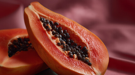 Ripe Papaya Halves with Seeds on Pink Background