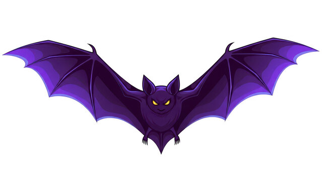Cartoon spooky purple bat with glowing eyes flying on a dark background isolated on transparent background, isolated on white background, illustration