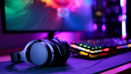 Gaming headset and colorful keyboard on desk with monitor in background modern gaming setup