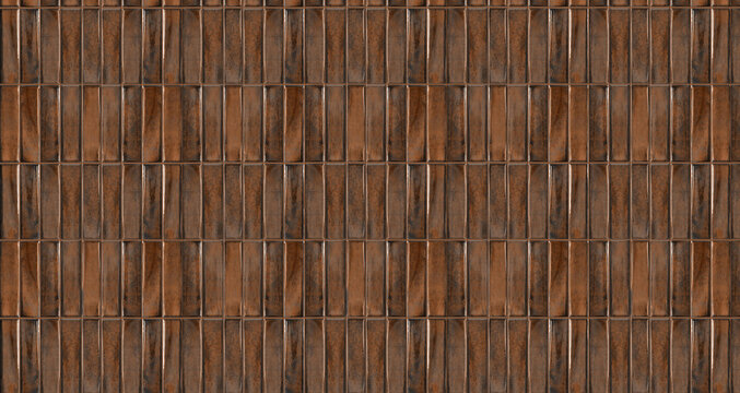 Rusty brown vertical ceramic tiles with glazed finish and uneven texture for architectural backgrounds