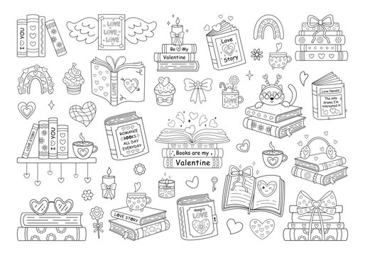 Valentine bookish coloring page, Romance books outline, Book lover coloring for kids and adults, Valentines Day doodle, Love hand drawn elements, Romantic aesthetic.