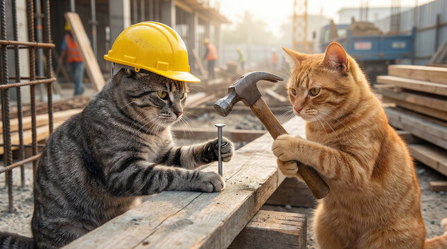 Two cats working on construction site with tools, wearing hard hats, and playful mood