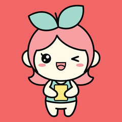 Cute cartoon character with pink head and blue leaf-like hair on red background