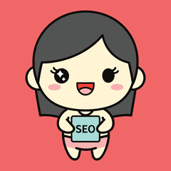 Cartoon character with black hair holding a blue tablet with S E O written on it against a red background