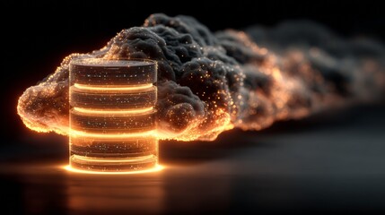 Dynamic data stream flowing from glowing digital server stack, representing complex information networks and cloud computing power.