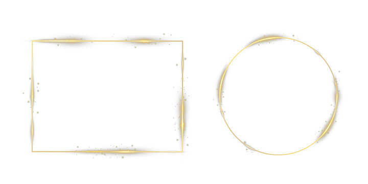 Gold abstract glowing frames on black background, luxury light borders with sparkles, modern elegant design for awards, celebration, banners, overlays PNG.