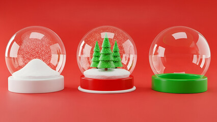 Three snow globes with festive scenes