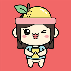 Cute cartoon character with a pear head wearing a pink hat and holding a game controller