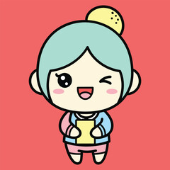 Cute cartoon girl with blue hair and yellow bun holding a book smiling with a red background