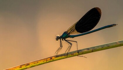 A vibrant dragonfly, with iridescent body & wings, clings to a slender twig against a soft background