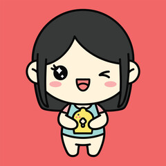 Cute cartoon character with black hair holding a yellow star with a face on a red background