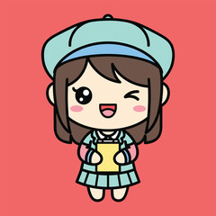 Cute cartoon girl wearing a blue hat and school uniform winking and smiling