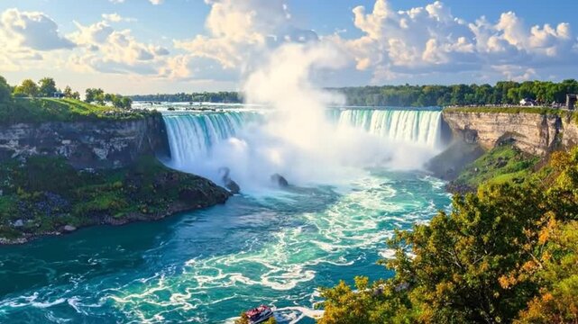 Majestic waterfall cascading down y cliffs into a vibrant turquoise river under a cloudy sky.