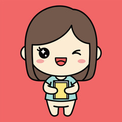 Cartoon girl with brown hair holding a yellow book and winking with a star on her cheek