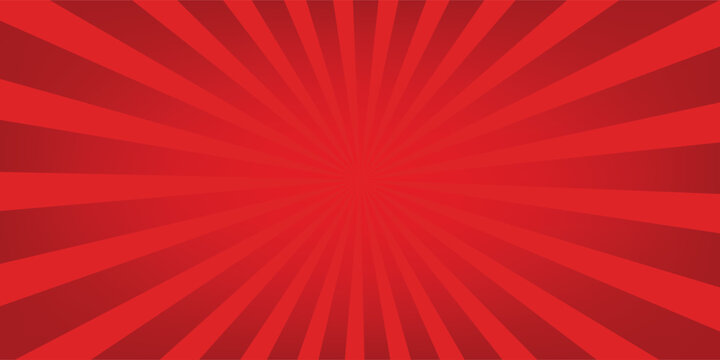 Red radial burst abstract background with sunburst rays from center, bold retro pop art style design ideal for comic themes, posters, banners, advertising, presentations, wallpapers.