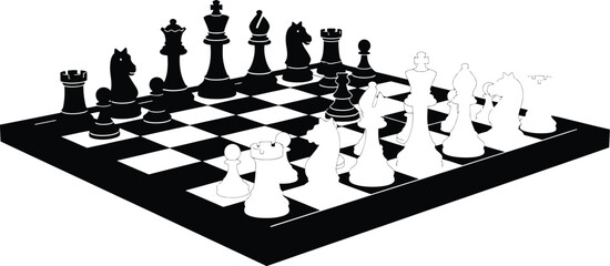 A chessboard with black and white pieces set up for a game on a plain background