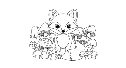 Obraz premium A cute cartoon fox sitting among a group of mushrooms in a forest, looking directly at the viewer with big eyes.
