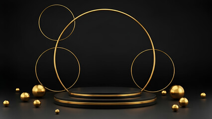 Golden geometric display on black background