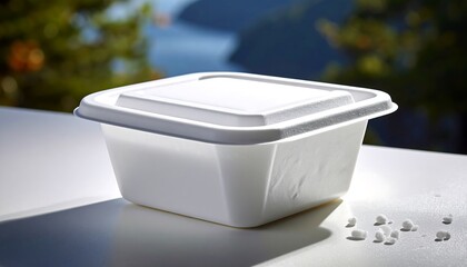 White square container with lid sits on a reflective surface, outdoors. Scenic backdrop, blurred