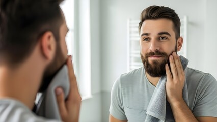Man grooming himself in front of a bathroom mirror