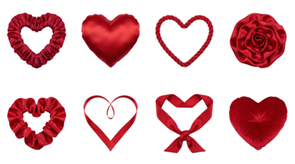 Red fabric heart set including satin pillows, ruffled scrunchies, ribbon bows, and rose shapes isolated. Valentines day and romantic decoration collection.