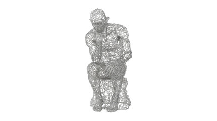 Obraz premium Silver wireframe sculpture of a man sitting in a classic pensive pose, deep in thought and contemplation, representing complex ideas, philosophy, and digital art