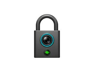 Futuristic gray metal smart padlock with an integrated surveillance camera, a glowing blue ring, and a green eye icon symbolizing advanced digital security and protection