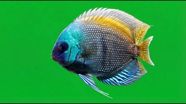 Isolated Acarichthys heckelii (Thread-fin Acara) or tropical cichlid displaying vibrant blue, gold, and dotted patterns against a bright green background.