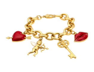 Beautiful gold charm bracelet with romantic pendants of a red enameled heart with an arrow, a cupid with a bow, a vintage key, and shiny red lips on a thick link chain
