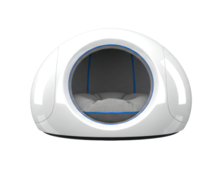 Modern white futuristic pet bed pod featuring a glossy dome shape, a round opening with blue trim, and a cozy grey fabric interior with a soft cushion
