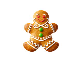 Cute decorated gingerbread man cookie with heart shaped eyes and a smiling face is decorated with white icing and green candy buttons for a festive holiday treat
