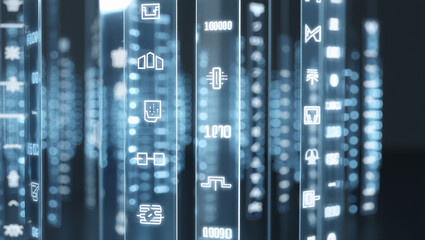 Abstract digital data columns with glowing symbols and numbers
