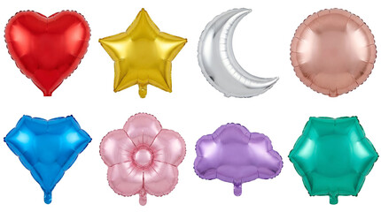 Mylar balloon set including heart, star, moon, circle, flower, cloud, and diamond shapes isolated. Metallic foil party and celebration decorations.