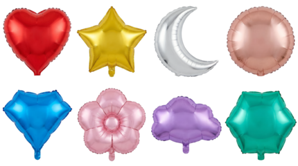 Mylar balloon set including heart, star, moon, circle, flower, cloud, and diamond shapes isolated. Metallic foil party and celebration decorations.