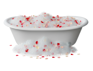 White ceramic bathtub overflowing with luxurious bubble bath foam is sprinkled with delicate red and pink rose petals for a romantic and relaxing spa treatment