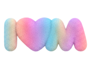 Fluffy pastel rainbow text with a heart symbol spelling out a message of love, featuring a soft furry texture and vibrant gradient colors in a playful 3D typographic design element