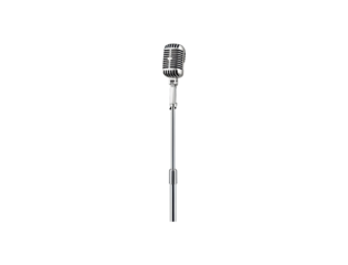 Retro chrome condenser microphone on a tall adjustable stand, a timeless piece of professional audio equipment for studio recording, live performance, or public speaking
