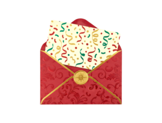 Festive greeting card with colorful confetti and streamers is placed inside an elegant red embossed envelope with a decorative gold seal
