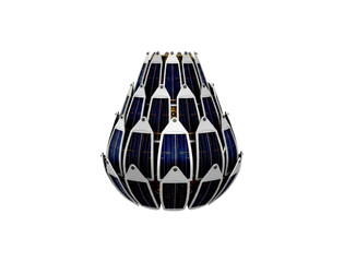Futuristic teardrop-shaped object made of multiple solar panels in a layered, sculptural design representing renewable energy and advanced technology