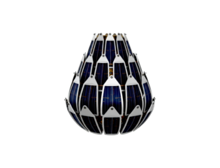 Futuristic teardrop-shaped object made of multiple solar panels in a layered, sculptural design representing renewable energy and advanced technology