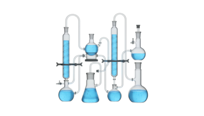 Complex laboratory glassware distillation apparatus with blue bubbling liquid in flasks and condensers for a scientific chemistry experiment or research process in a clean, modern style